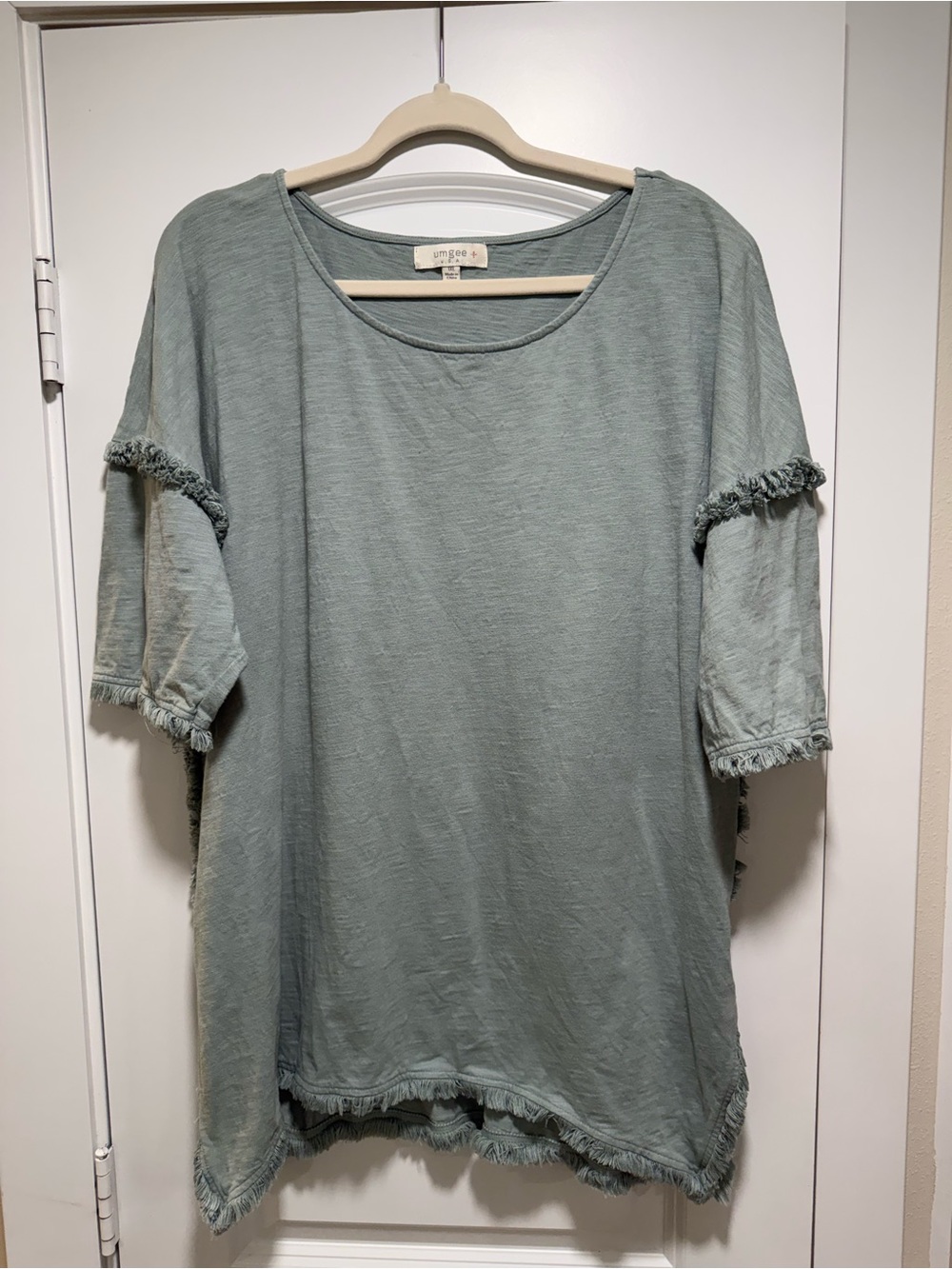 Umgee Soft Sage Fringe-Trim Relaxed Tunic